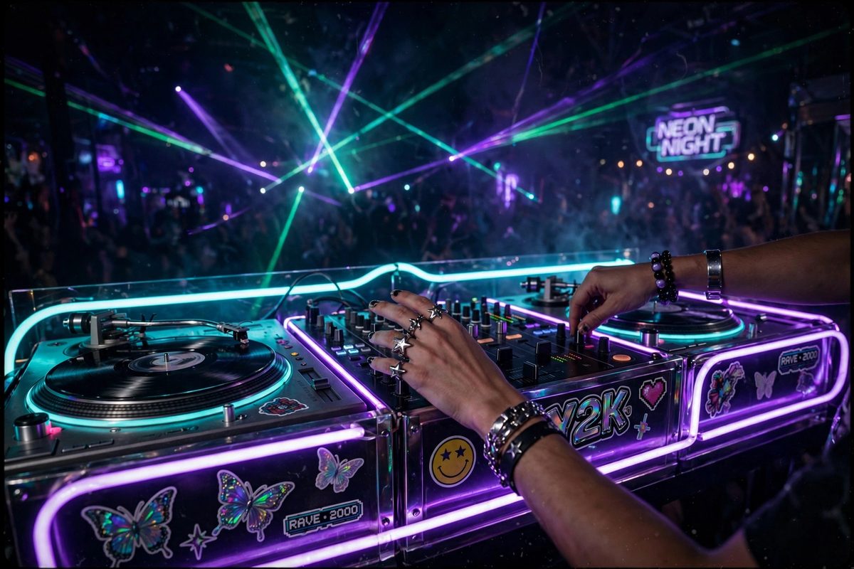 DJ booth under neon lights