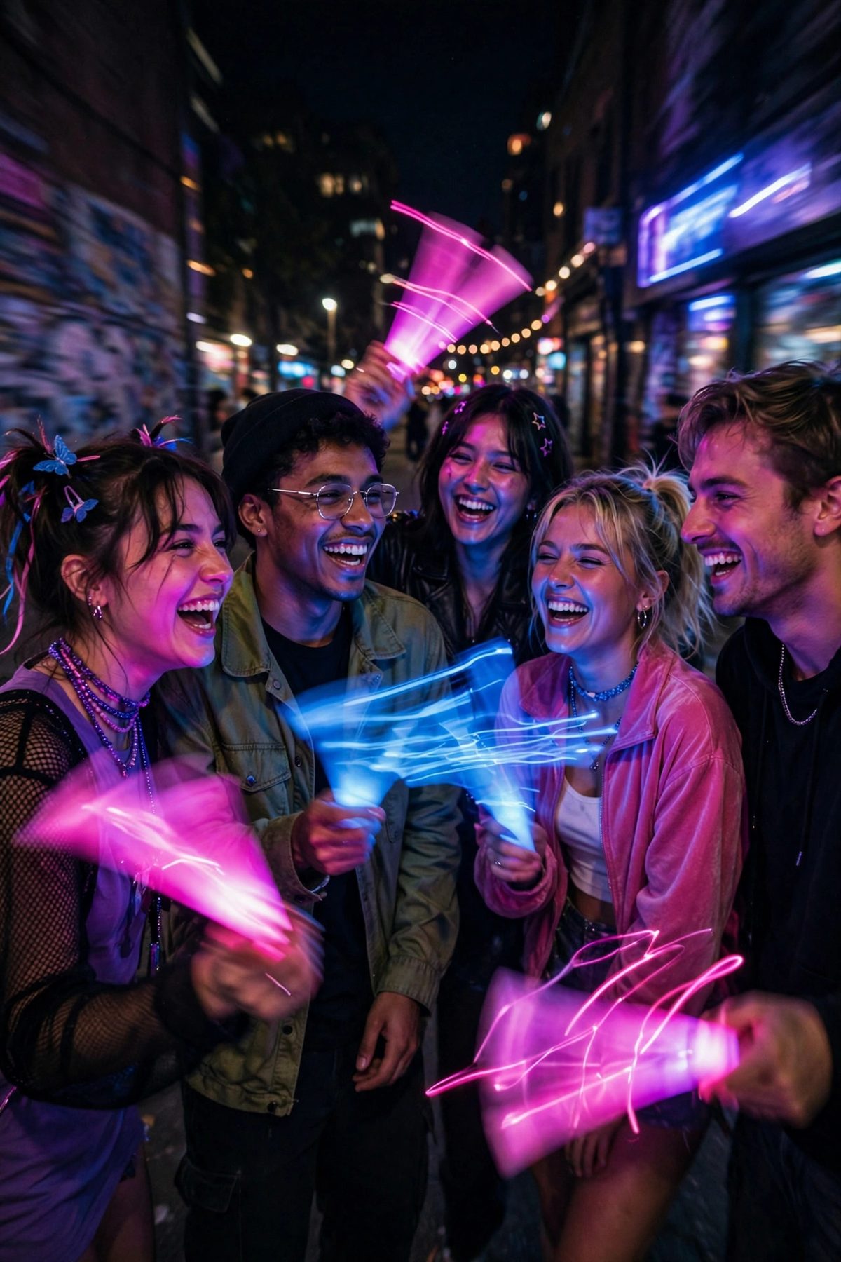 Friends with neon glow sticks